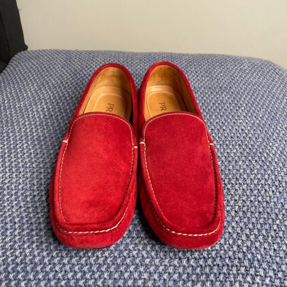 Prada Calzature Uomo red velvet suede loafers, driving moccasins 9.5 - Picture 3 of 8
